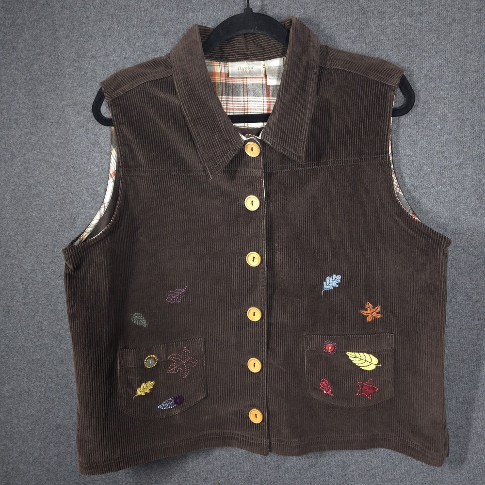 Vtg Y2K 90s‎ Baxter & Wells Petite Corduroy Vest P/XL Embroidered Autumn Leaves